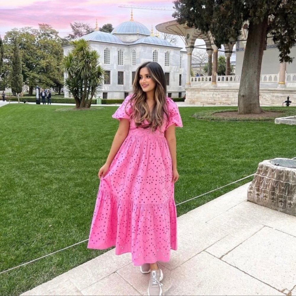 ZARA OPENWORK EMBROIDERED DRESS EYELET PINK NEW Barbiecore Barbie Core